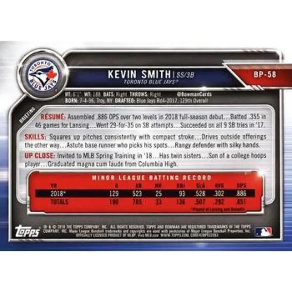2019 Bowman Prospects Kevin Smith #BP-58 Toronto Blue Jays